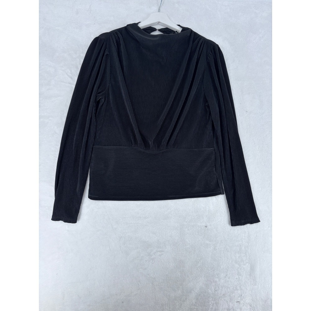 Ann Taylor Pleated Top Womens Size S Black Long Sleeve Plissé Draped Back Blouse